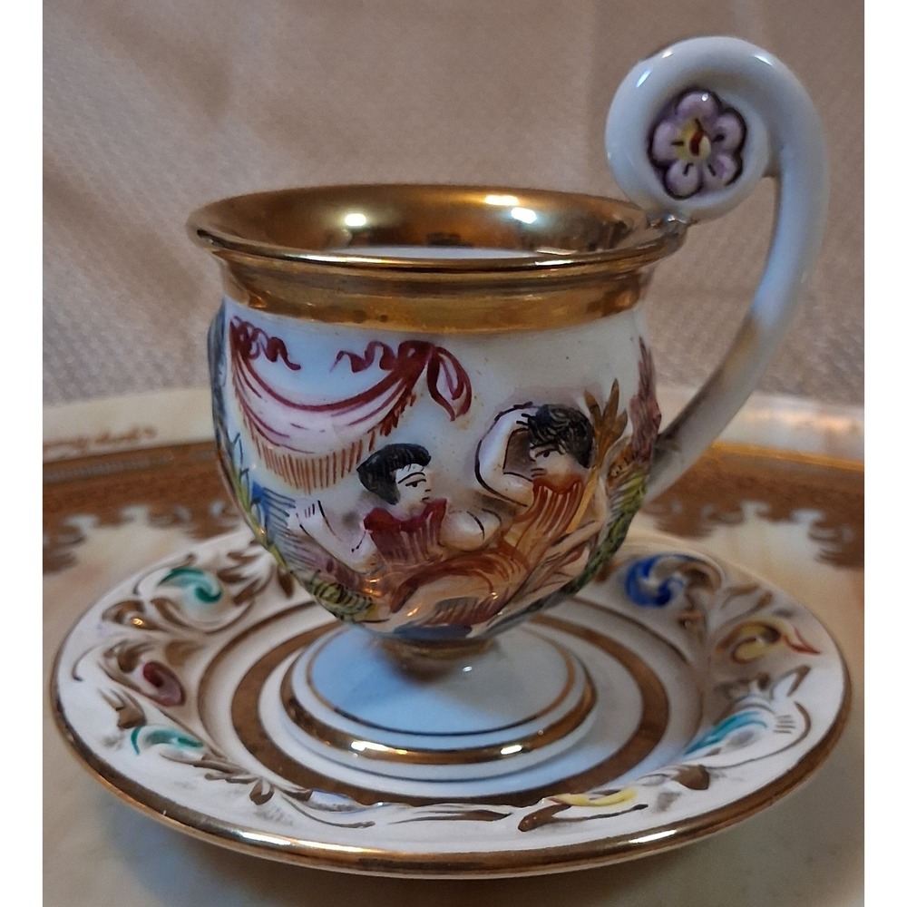 Capodimonte Italy Porcelain Demitasse Cup Saucer Bas Relief Mythological Gold